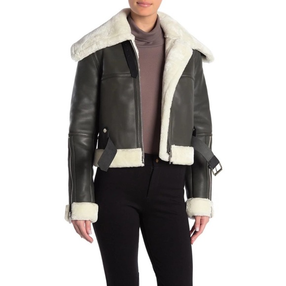 Women's Walter Baker Mandi Moto and Shearling Leather Jacket In Grey Green - Picture 5 of 6
